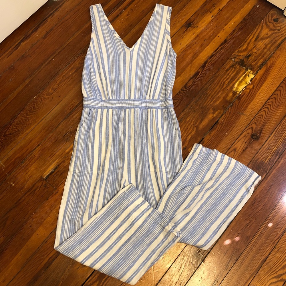 White and Blue Gap Linen Blend Jumpsuit